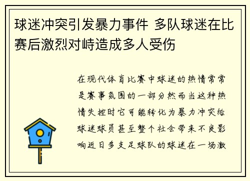 球迷冲突引发暴力事件 多队球迷在比赛后激烈对峙造成多人受伤